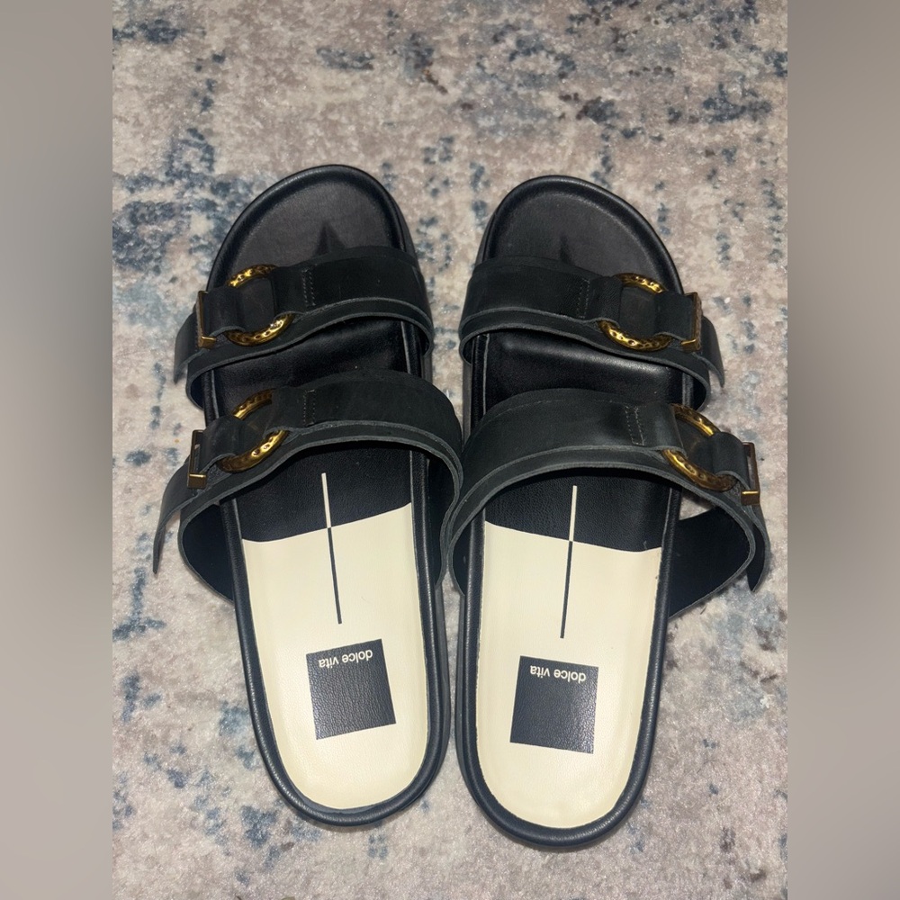 Dolce Vita Black and Gold Buckle Sandals